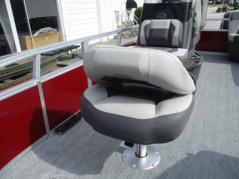 Slide: The Image of 2026 Sun Tracker Bass Buggy 16 XL Select boat seat, gray and black upholstery. - 21