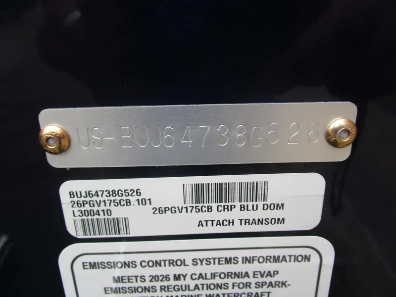 Slide: The Image of 2026 Tracker Pro Guide V175 CB hull identification and emissions control labels. - 11