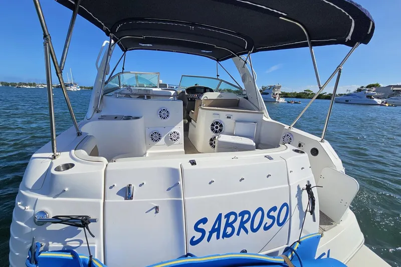 Slide: The Image of 2006 Rinker 300 Express Cruiser on water, rear view with canopy and seating. - 2