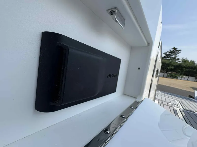 Slide: The Image of 2023 Monterey M65 boat detail with black panel and sleek white surface. - 23