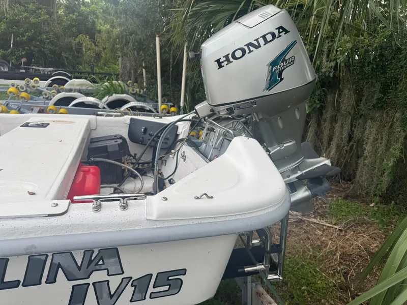 Slide: The Image of 2009 Carolina Skiff JV15CC boat with Honda outboard motor in a lush setting. - 5