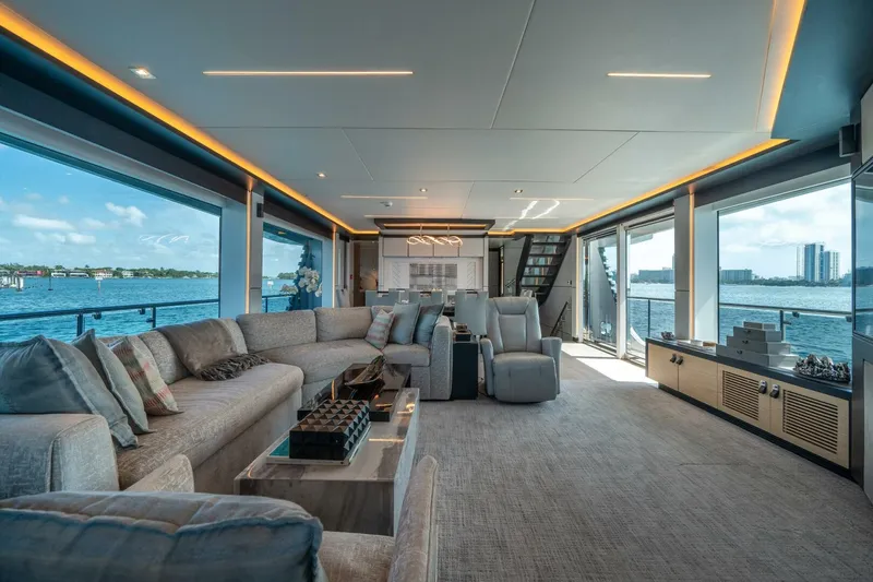 Slide: The Image of Luxurious interior of 2020 Hargrave C92 yacht with panoramic ocean views and modern furnishings. - 15