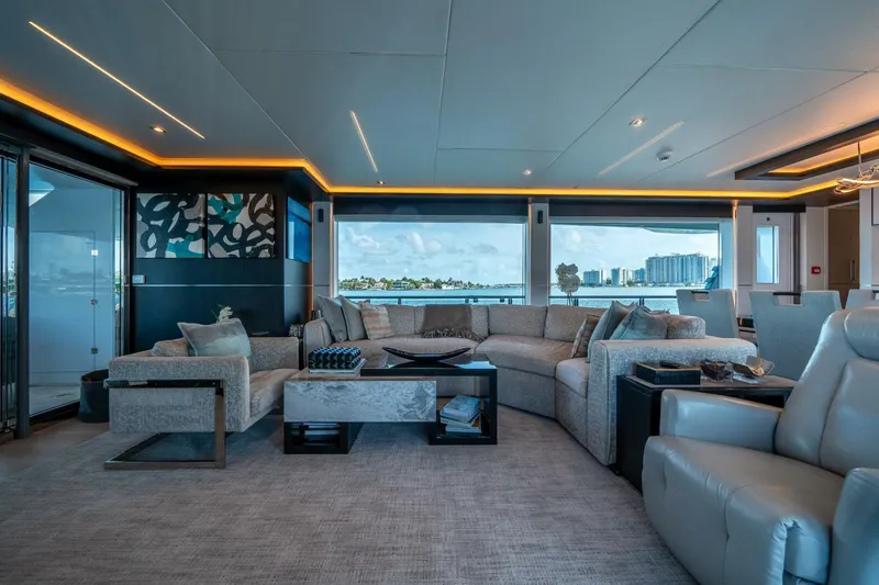 Slide: The Image of Luxurious interior of 2020 Hargrave C92 yacht with modern furnishings and ocean view. - 16
