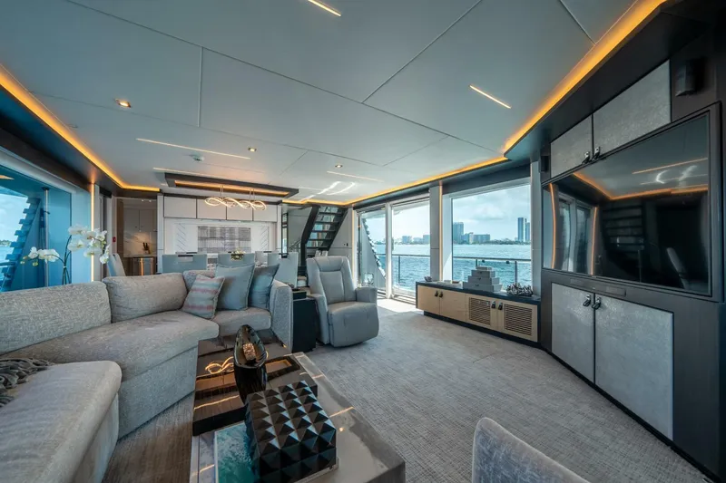 Slide: The Image of Luxurious interior of 2020 Hargrave C92 yacht with modern furnishings and ocean view. - 18