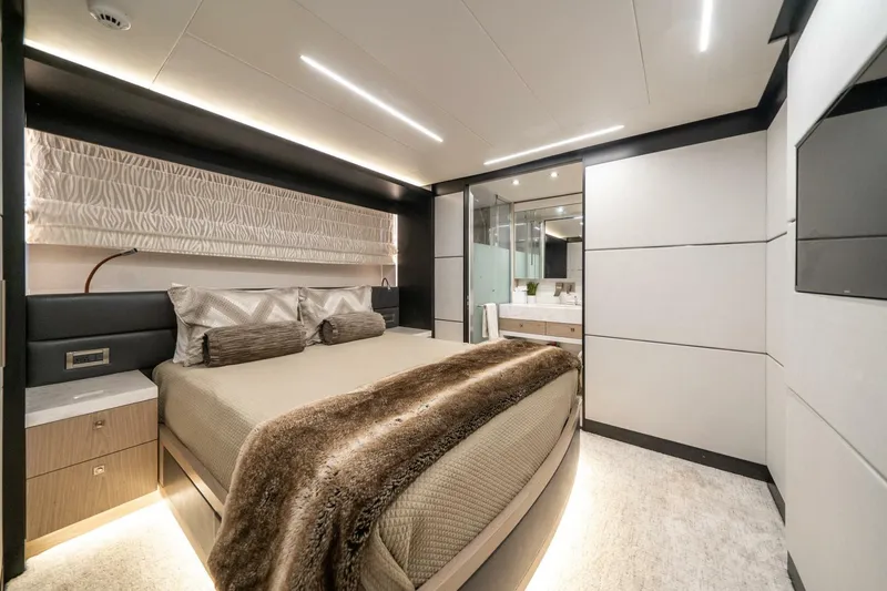 Slide: The Image of Luxurious bedroom interior of 2020 Hargrave C92 yacht with modern design and elegant furnishings. - 29