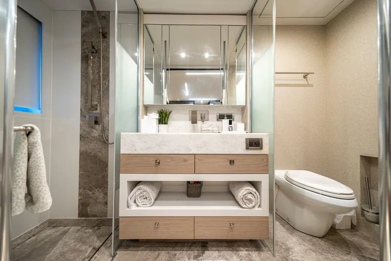 Slide: The Image of Luxurious bathroom in 2020 Hargrave C92 yacht with modern fixtures and elegant design. - 30