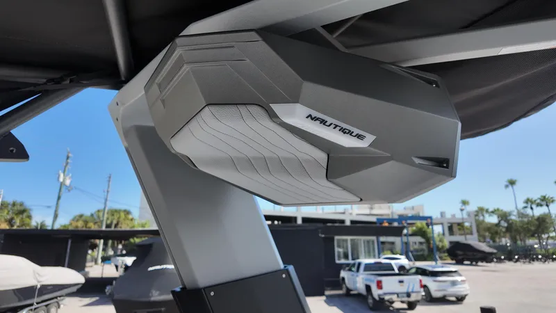 Slide: The Image of 2026 Nautique Paragon G23 speaker system on a boat, showcasing modern design. - 17