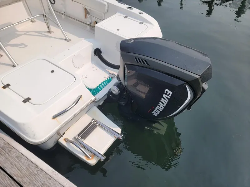 Slide: The Image of Boat with Evinrude outboard motor, Laguna C210SC model, docked on calm water. - 12