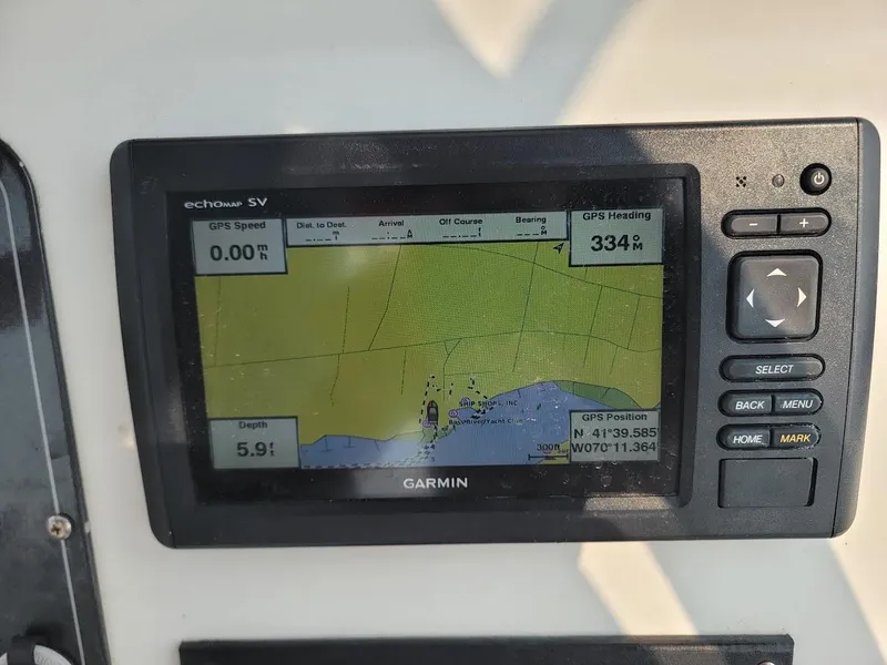 Slide: The Image of Garmin GPS display on 2007 Laguna C210SC boat, showing speed, heading, and depth. - 5