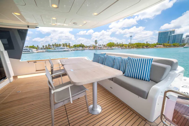 Slide: The Image of Outdoor seating area on a 2018 Sirena 64 yacht with ocean view. - 16