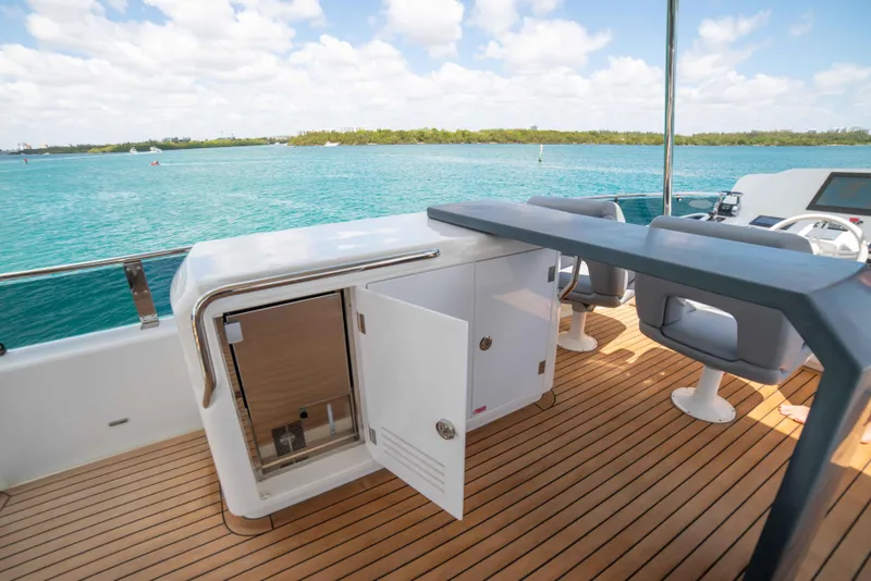 Slide: The Image of 2018 Sirena 64 yacht deck with open storage and ocean view. - 29