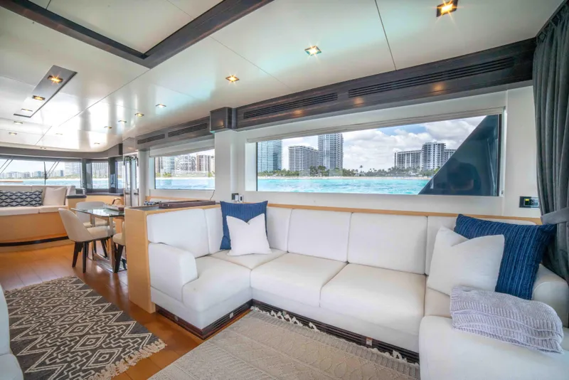 Slide: The Image of Luxurious interior of 2018 Sirena 64 yacht with white sofa and large windows. - 33