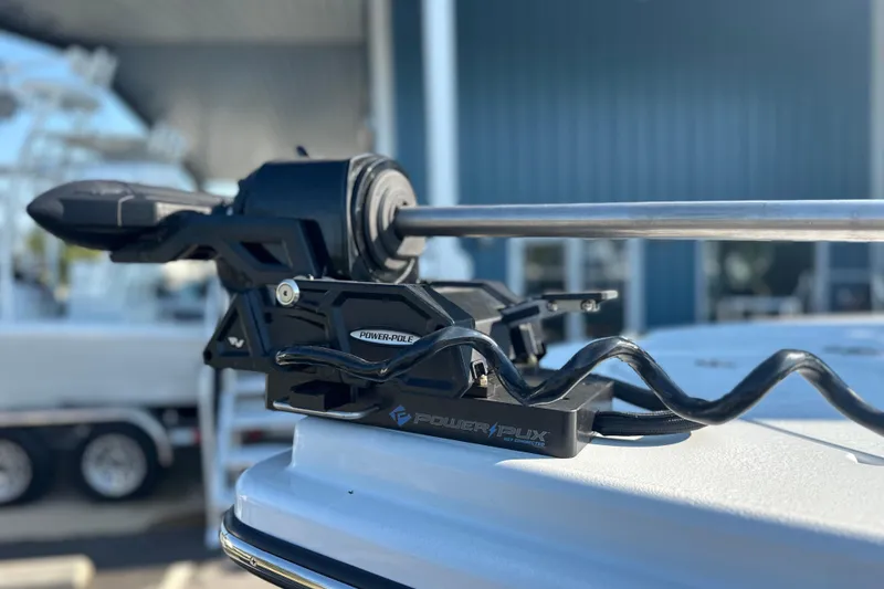 Slide: The Image of Close-up of Power-Pole mount on 2025 East Cape 25 Open boat. - 27