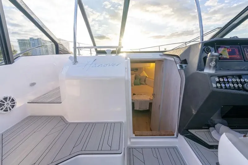 Slide: The Image of 2025 Hanover 387 yacht interior with modern cockpit and cozy cabin view. - 21