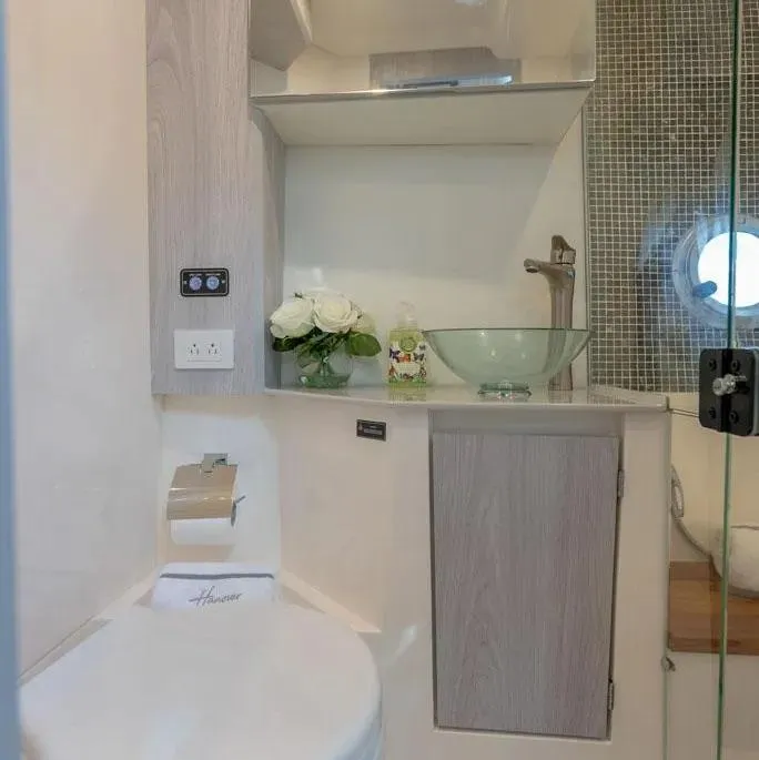 Slide: The Image of Modern bathroom in Hanover 387 yacht, featuring glass sink, floral decor, and sleek cabinetry, 2025 model. - 24