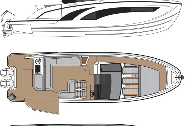 Slide: The Image of 2025 Hanover 387 boat design, top and side views, showcasing layout and features. - 26