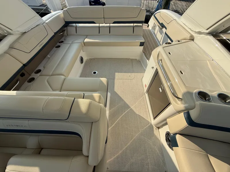 Slide: The Image of 2024 Formula 350 Crossover Bowrider interior with luxurious seating and modern amenities. - 11