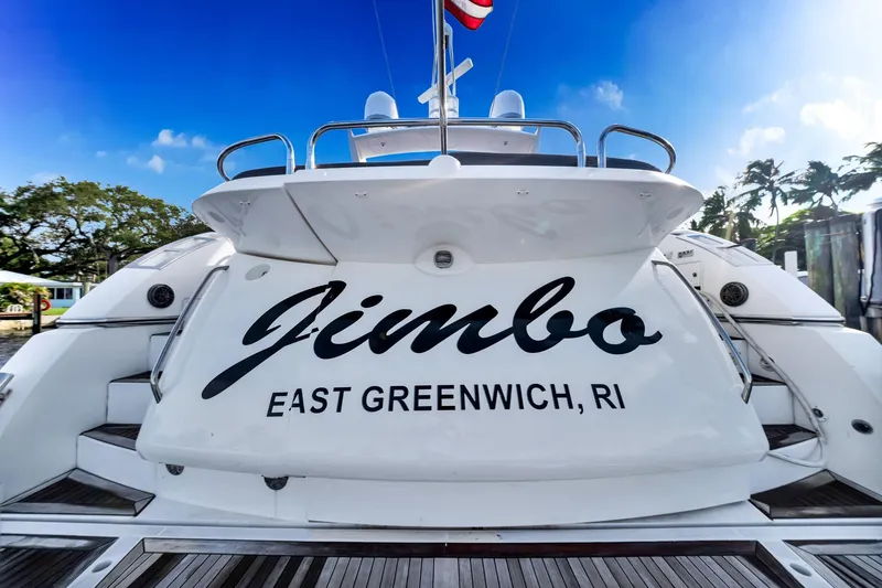 Slide: The Image of Sunseeker 74 Sport Yacht 2012, named "Jimbo," docked in East Greenwich, RI. - 50