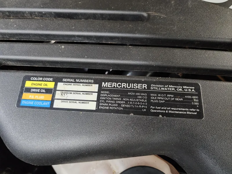 Slide: The Image of Label on MerCruiser engine, detailing specifications and serial numbers for maintenance. - 35