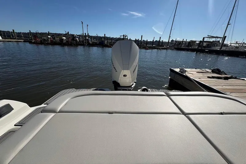 Slide: The Image of 2021 Sea Ray SDX 270 Outboard at marina, rear view with outboard motor. - 22
