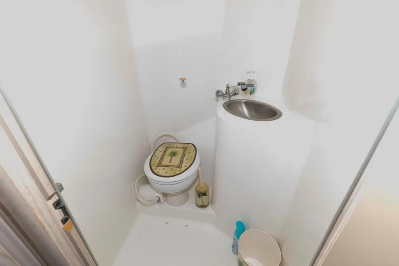 Slide: The Image of Compact bathroom with toilet, sink, and palm tree decor in a 2004 Gibson 47 Classic. - 19