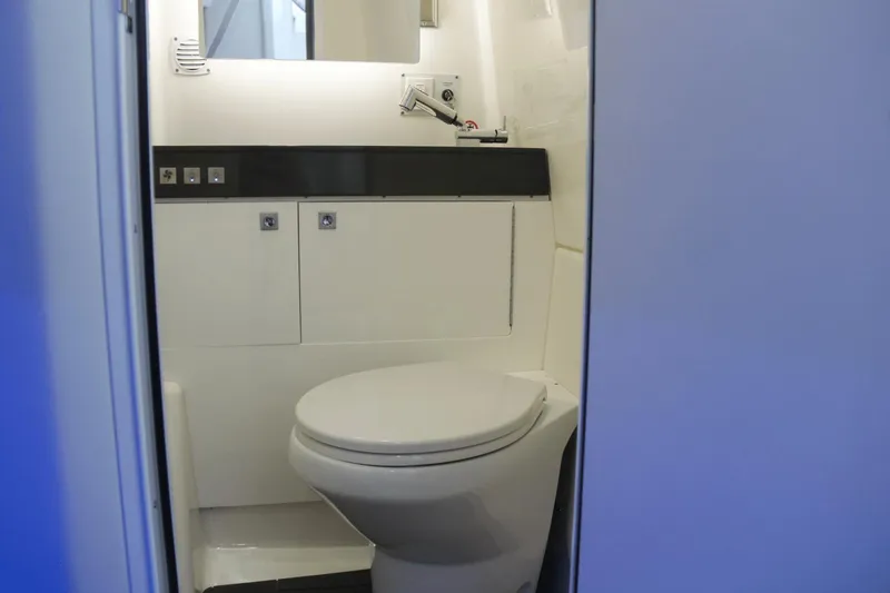 Slide: The Image of 2023 Aviara AV40 OB boat bathroom with modern fixtures and sleek design. - 15