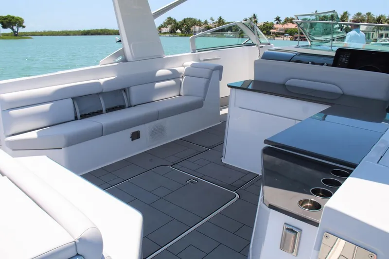 Slide: The Image of 2023 Aviara AV40 OB luxury boat interior with sleek seating and modern amenities. - 16