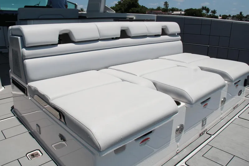 Slide: The Image of 2023 Aviara AV40 OB boat with luxurious white seating and sleek design. - 20