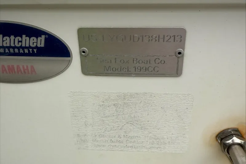 Slide: The Image of 2013 Sea Fox 199 Commander boat identification plate with Yamaha warranty badge. - 6
