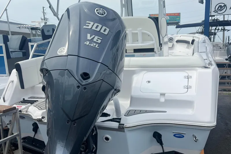 Slide: The Image of 2025 Tidewater 232 LXF boat with powerful 300 V6 4.2L engine, rear view. - 11