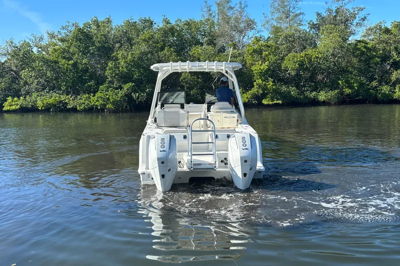 Slide: The Image of 2026 World Cat 265 DC-X boat cruising on a calm river, surrounded by lush greenery. - 8