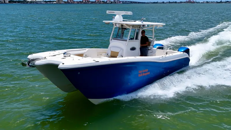 Slide: The Image of 2014 World Cat 295 CC boat cruising on open water, featuring a sleek blue hull. - 2