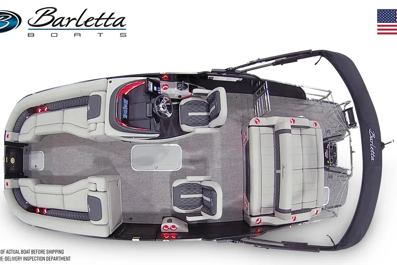 Slide: The Image of 2026 Barletta Lusso 25UC pontoon boat, top view, showcasing spacious seating and modern design. - 26