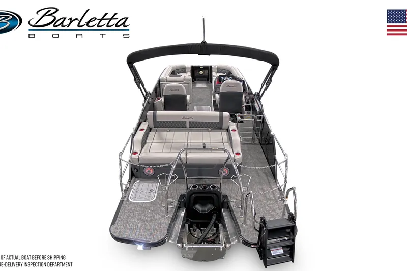 Slide: The Image of 2026 Barletta Lusso 25UC pontoon boat displayed at Westre's Marine & Sport showroom. - 3