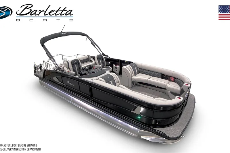 Slide: The Image of 2026 Barletta Lusso 25UC pontoon boat in showroom, featuring sleek black design. - 5