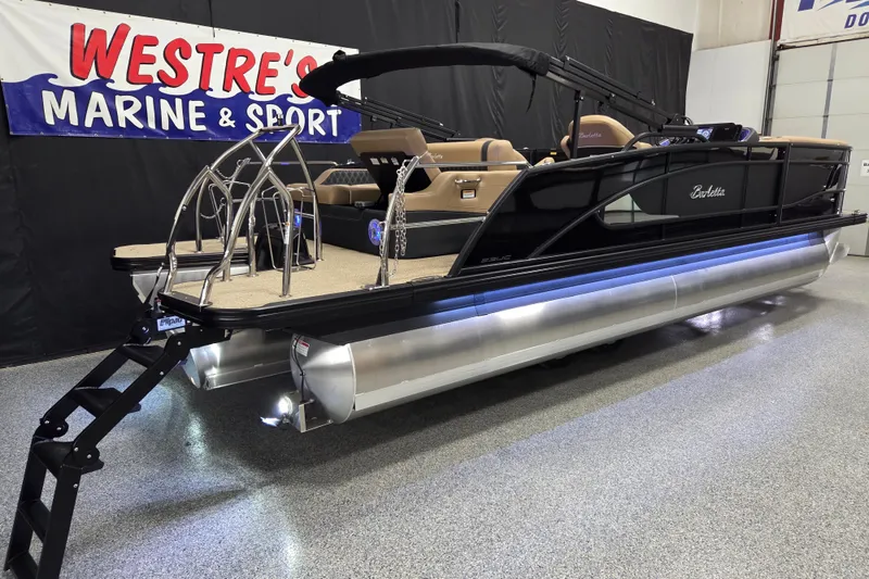 The Image of 2026 Barletta Lusso 23UC pontoon boat with luxurious seating and sleek black design. - 0