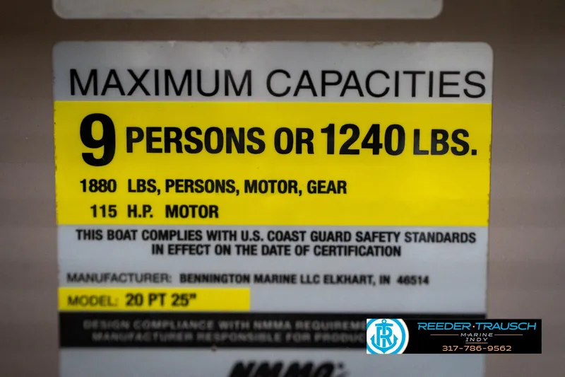 Slide: The Image of Capacity label for 2008 Bennington 20 SL boat, 9 persons or 1240 lbs, 115 HP motor. - 44
