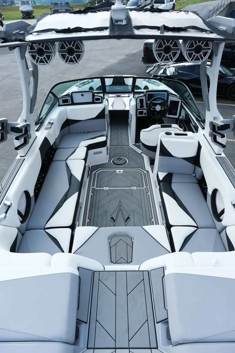 Slide: The Image of 2020 Supra SL450 boat interior with sleek seating and modern design. - 9