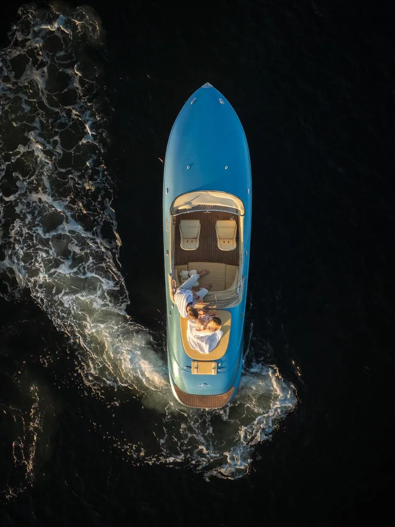 Slide: The Image of 2022 Seven Seas Yachts Hermes Speedster cruising on water, aerial view. - 3
