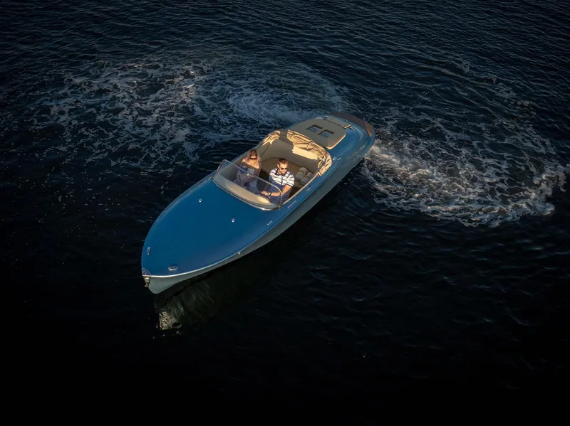 Slide: The Image of 2022 Seven Seas Yachts Hermes Speedster cruising on dark water, aerial view. - 6