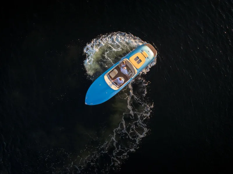 Slide: The Image of Aerial view of 2022 Seven Seas Yachts Hermes Speedster on dark water. - 7