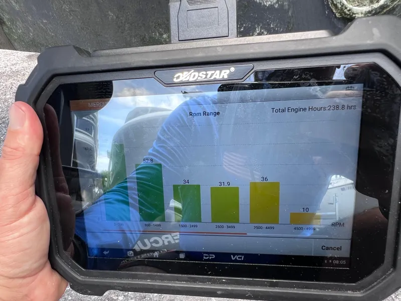 Slide: The Image of Tablet displaying engine RPM data for Hurricane FunDeck GS 232 OB, 2000 model. - 24