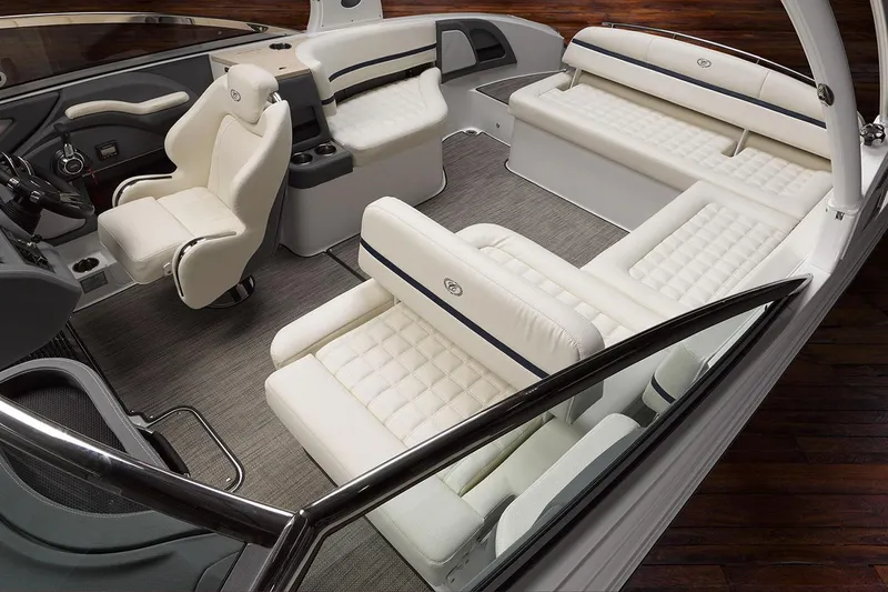 Slide: The Image of Manufacturer Provided Image: 2020 Cobalt R7 Surf boat interior with luxurious white seating and modern design. - 10