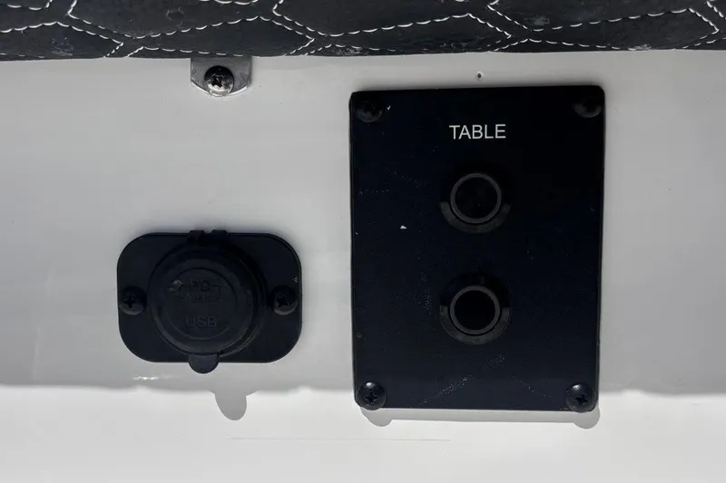 Slide: The Image of 2026 Tidewater 272 LXF boat USB port and table mount panel. - 44
