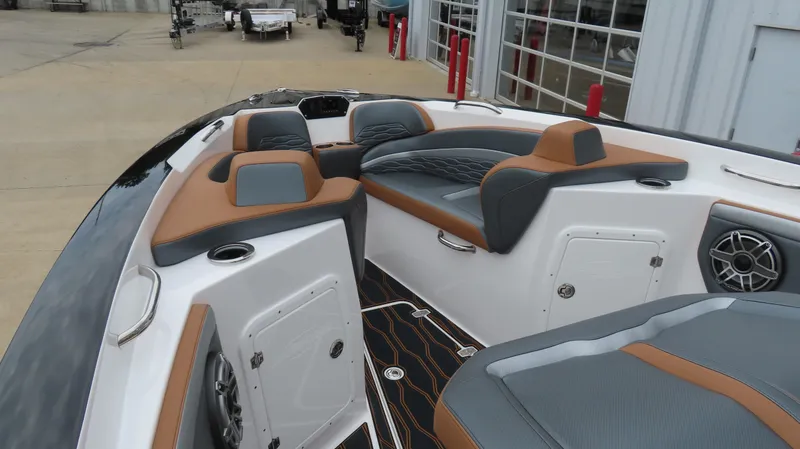 Slide: The Image of 2023 Sunsation 32 CCX boat interior with stylish seating and modern design. - 20