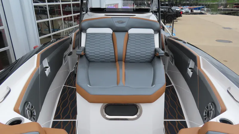 Slide: The Image of 2023 Sunsation 32 CCX boat interior with stylish seating and modern design. - 21