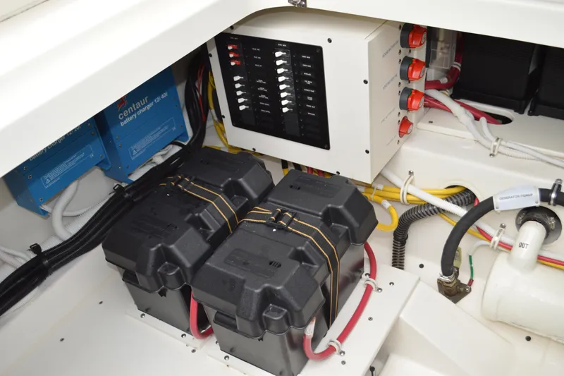 Slide: The Image of Electrical system of 2023 Tiara Yachts 34 LS, featuring battery chargers and wiring. - 45