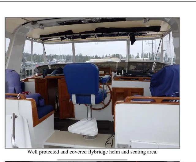 Slide: The Image of 1979 Ocean Alexander Mark 1 55 flybridge helm with blue seating and protective cover. - 20