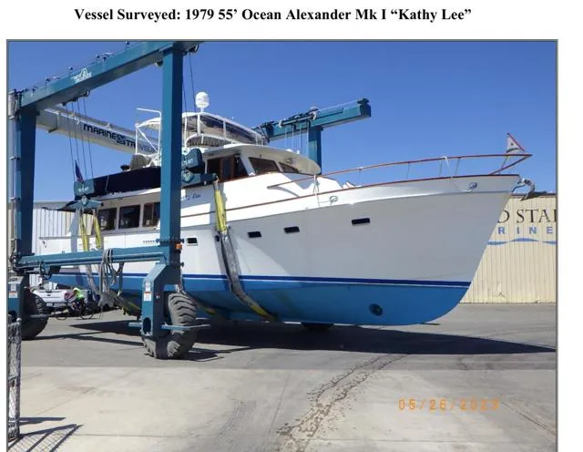Slide: The Image of 1979 Ocean Alexander Mark 1 55 yacht "Kathy Lee" on a lift at a marina. - 34