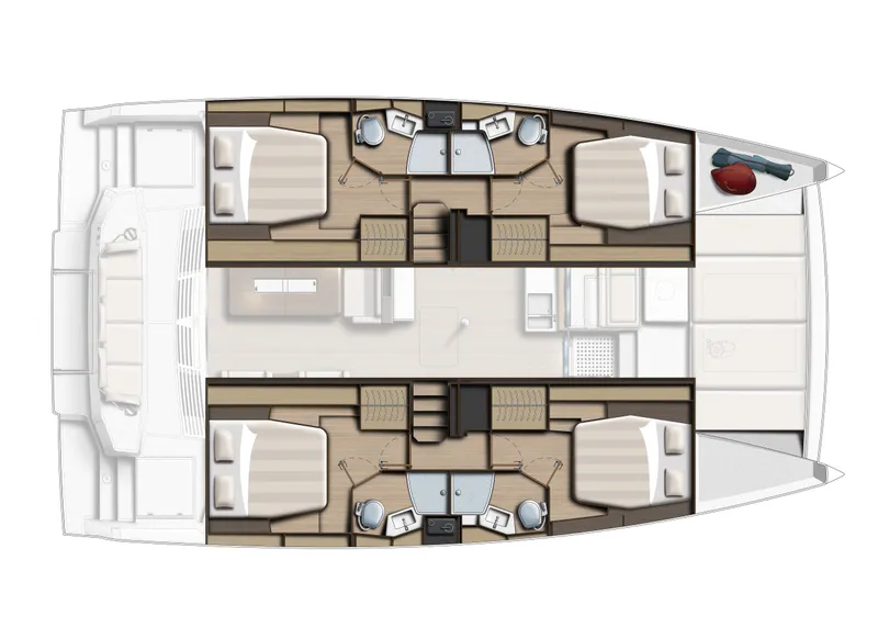 Slide: The Image of Floor plan of Bali 4.4 catamaran, 2026 model, featuring cabins, bathrooms, and living area. - 20